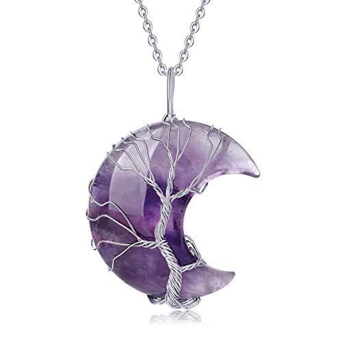 Natural Quartz Crystal Moon Tree of Life Healing Energy Necklace Pendant
