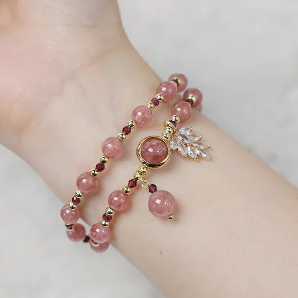 Natural Strawberry Quartz Love Healing Maple Leaf Charm Double Wrap Bracelet