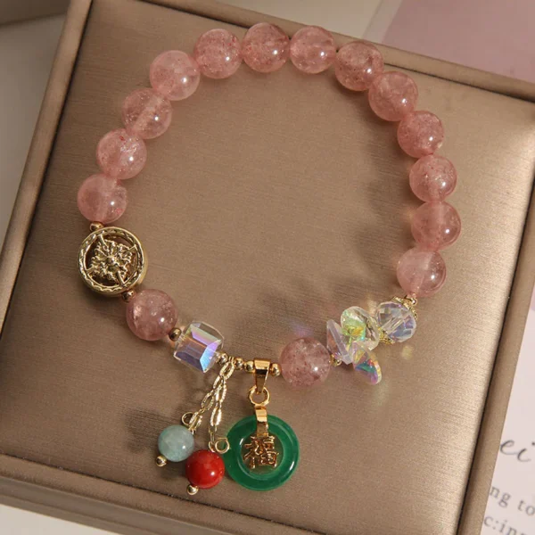 Strawberry Quartz Jade Fu Character Charm Healing Bracelet