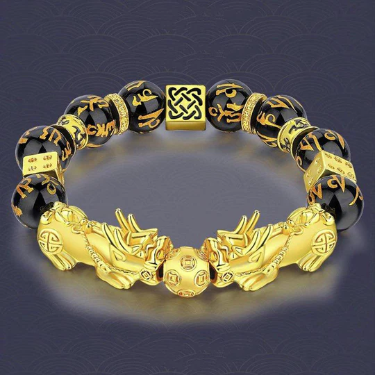 FengShui Double PiXiu Obsidian Om Mani Padme Hum Wealth Bracelet