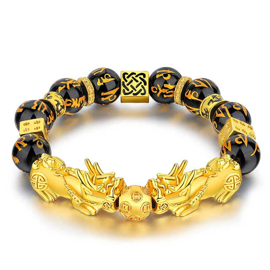 FengShui Double PiXiu Obsidian Om Mani Padme Hum Wealth Bracelet