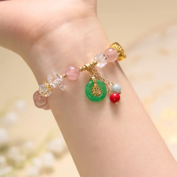 Strawberry Quartz Jade Fu Character Charm Healing Bracelet