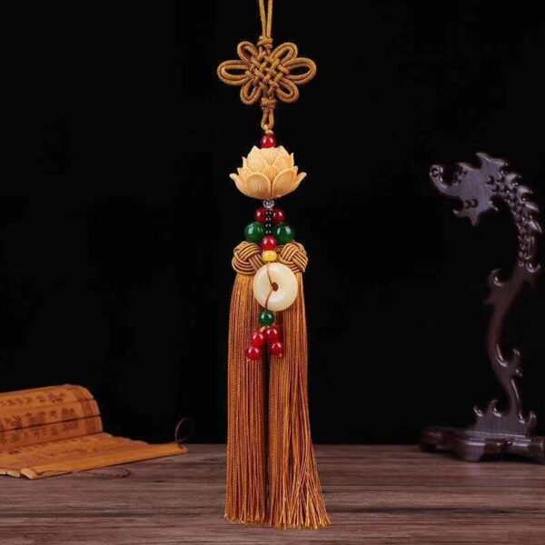 Amulet for peace and safety, Chinese knot lotus flower car rearview mirror pendant with tassel decoration
