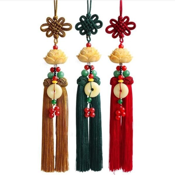 Amulet for peace and safety, Chinese knot lotus flower car rearview mirror pendant with tassel decoration