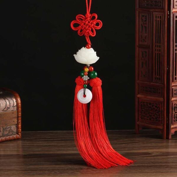 Amulet for peace and safety, Chinese knot lotus flower car rearview mirror pendant with tassel decoration