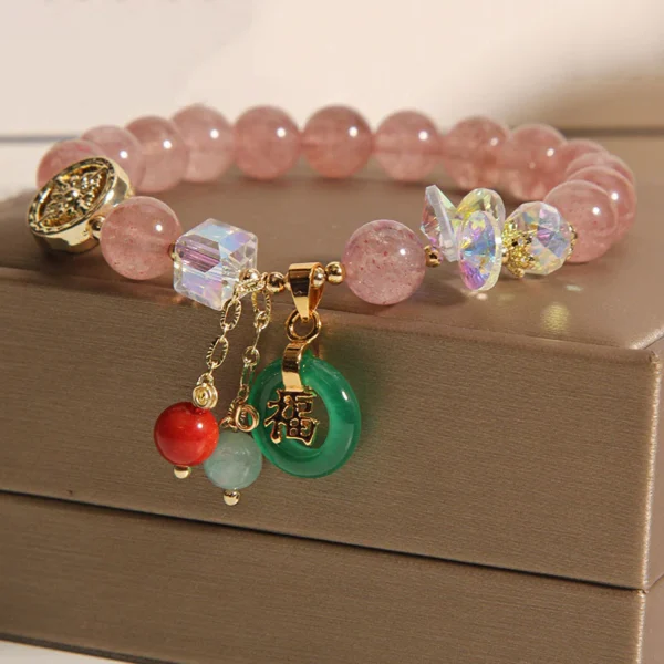 Strawberry Quartz Jade Fu Character Charm Healing Bracelet