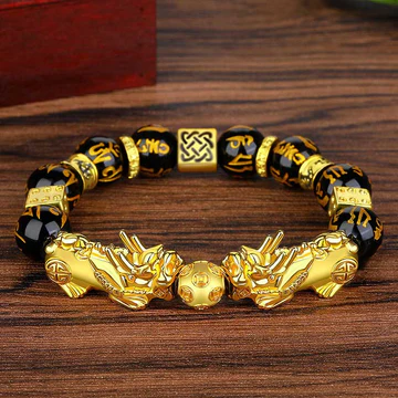 FengShui Double PiXiu Obsidian Om Mani Padme Hum Wealth Bracelet