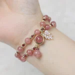 Natural Strawberry Quartz Love Healing Maple Leaf Charm Double Wrap Bracelet