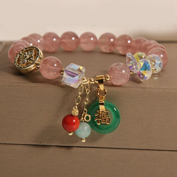Strawberry Quartz Jade Fu Character Charm Healing Bracelet