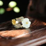 925 Silver Plated Copper White Jade Plum Flower Leaf Luck Ring
