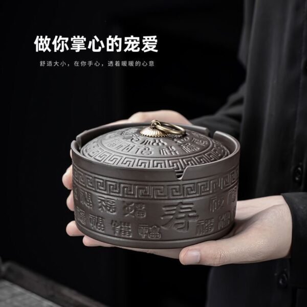 Purple Clay Ashtray with Lid and "Hundred Blessings" Design