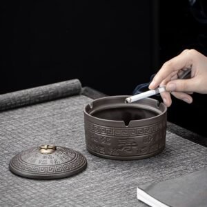 Purple Clay Ashtray with Lid and "Hundred Blessings" Design