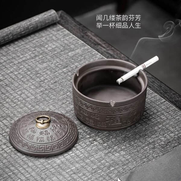 Purple Clay Ashtray with Lid and "Hundred Blessings" Design