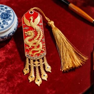 Gold-Threaded Dragon and Phoenix Feather Metal Bookmark