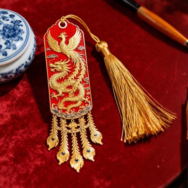 Gold-Threaded Dragon and Phoenix Feather Metal Bookmark