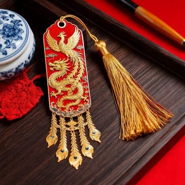 Gold-Threaded Dragon and Phoenix Feather Metal Bookmark